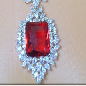 18K WHITE GOLD OVER STUNNING RUBY NECKLACE EARRING SET